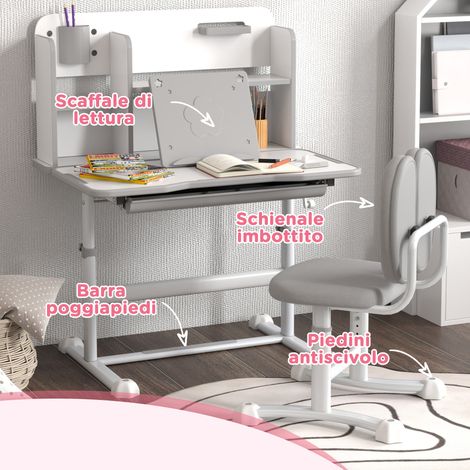 Table enfant réglable grise, bureau inclinable avec tiroir et étagère, chaise assortie (1/5)