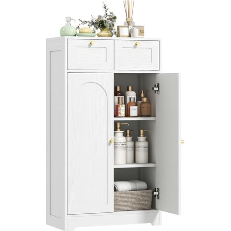 Badezimmerschrank mit 2 Schubladen, Doppeltüren mit Bogenform, verstellbaren Einlegeböden, 60 x 30 x 108 cm, weiß