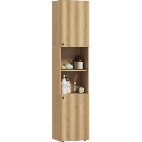 Armoire de salle de pliable ch ne pour salon bain haute, niveaux, placards, étagères ouvertes, compartiments ouverts, bois, couleur chêne (1/5)