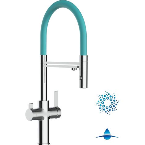 Robinet de Cuisine Mitigeur 4 Voies chromé pour système de carbonatation et filtration/purification d'eau bec turquoise orientable et douchette 2 jets détachable FC VIZIO (1/5)