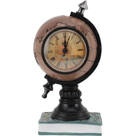 Globe horloge décorative résine carte du monde avec tirelire pièces, brun, ornement bureau pour chambre enfant (1/5)