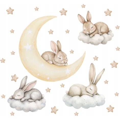 Vinilos decorativos de pared: Conejitos en nubes y luna con estrellas, 70x60 cm (1/5)