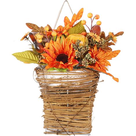 Herbstlicher Kranz in Korbform, verziert mit künstlichen Sonnenblumen und Kürbissen, ideal für die Haustür oder zur Dekoration von Veranda, Fenster oder Wand. Orangefarbene Herbstdekoration. (1/2)