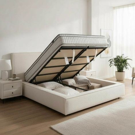 ELANA Lit double en tissu beige avec coffre 180x200 cm (1/5)