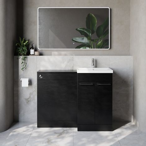 Napoli 390 Cento Nero Oak 1100mm 2 Door Vanity Unit Toilet Suite with Glide Basin - 1100mm - Chrome 160mm HandleWithout Kingston Toilet Pan