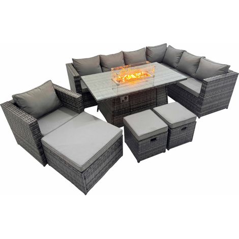 Fimous Garden Rattan Furniture Set 10 Seater Outdoor Corner Sofa Chair Gas Firepit Dining Table Set with 3 Stool Dark Grey (1/5)