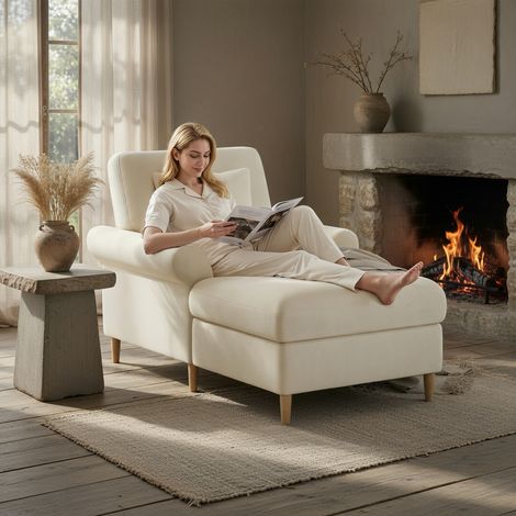Fauteuil de détente rembourré, chaise longue pliable, revêtement en velours, convient au salon et à la chambre, beige (1/5)