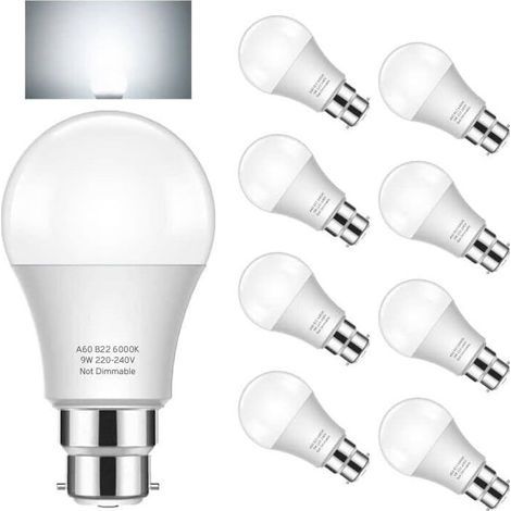 Ampoules LED B22, 9W Équivaut Ampoule à 60W halogène, Blanc Froid 6000K, 900 Lumens, Angle du faisceau 270°, Non-Dimmable, Lot de 8 (1/5)