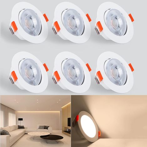 Spot LED encastrable 5 W - Plafonnier LED orientable à 40° - Lumière chaude 3000 K 610 lm - Plafonnier rond Ø 75-80 mm pour salon, chambre, cuisine, couloir, galerie, lot de 6 pièces [Classe énergétiq (1/5)