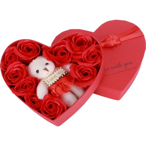 Fleurs de Savon Roses Artificielles avec Ours et Boîte Cadeau - Idée Anniversaire ou Saint-Valentin Rouge