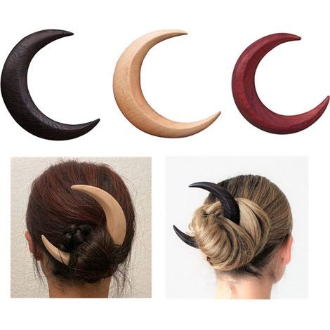 Fourchette à Cheveux en Bois de Lune Croissant Sculptée Main, Barrette Naturelle pour Cheveux Longs et Épais