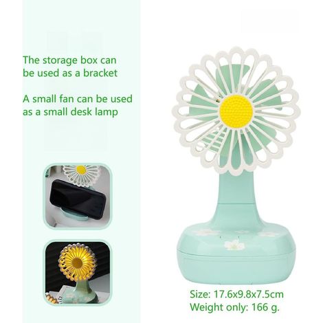 Mini-Ladeventilator mit LED-Licht, kleiner Ventilator in Form einer niedlichen grünen Chrysantheme, 3-Modus-Multifunktionsventilator mit Aufbewahrungsbox und Ständer. (1/5)