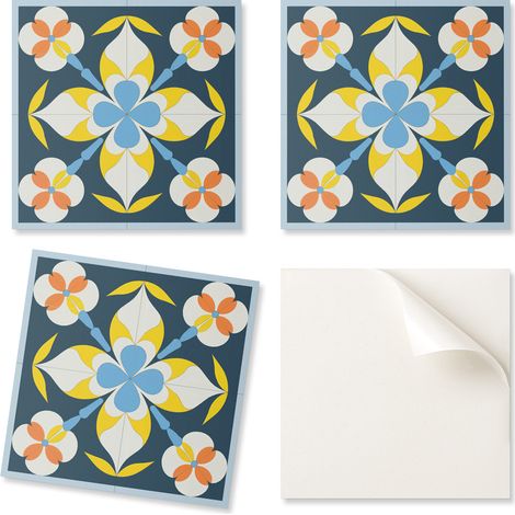 Juego de baldosas de vinilo de f谩cil instalaci贸n con estampado floral sobre un fondo de 20x20x20 cm.