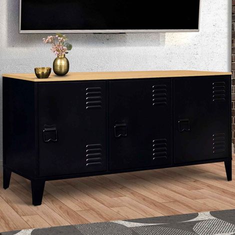 ESTER cómoda baja de 3 puertas de metal negro con tapa de madera de diseño industrial 113 cm (1/5)
