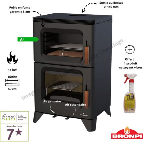 Bronpi – Poêle à bois 14 kW avec four inox – Double combustion – Raccordement air extérieur Ø80 mm – Sortie fumées arrière/supérieure Ø150 mm (1/4)
