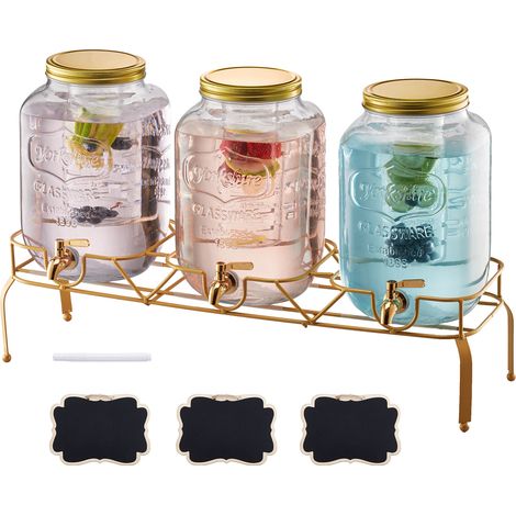 VEVOR Distributeur de Boissons Capacite de 8 L 3PCs, Fontaine a Eau en Verre, Distribution d’Eau Jus Limonade The Glace, avec Support en Metal, Robinet et Infuseur, pour Restaurant Cafe Hotel Fete