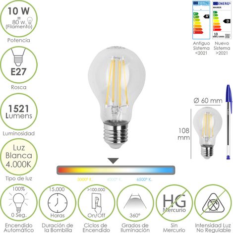 Bombilla Led Filamento Standar Rosca E27. 10 Watt. Equivale A 80 Watt. 1521 Lumenes. Luz Neutra 4000º K.