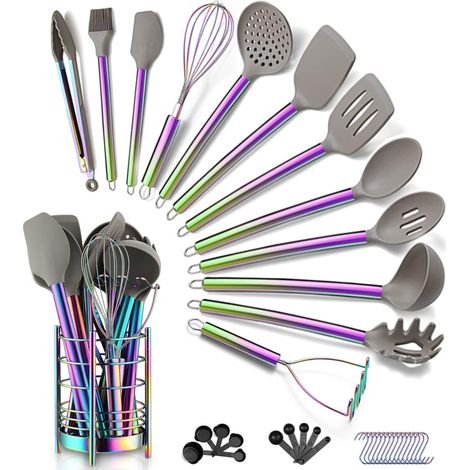 38 Pièces Batterie De Cuisine En Silicone Avec Pots à Ustensiles, Tête En Silicone Et Poignée En Acier Inoxydable Batterie De Cuisine, Gadgets De Cuisine Antiadhésifs (Arc-En-Ciel) (1/5)