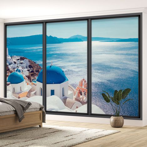 Papier peint panoramique Trompe l'oeil baie vitrée - Santorin - 195 cm x 117 cm (1/5)