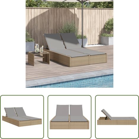 Gartenmöbel - Doppel-Sonnenliege mit Auflagen Beige Poly Rattan (1/5)