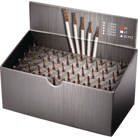 Juego  de  fresas  de  vástago  DIN6527  D.1/1,5/2/3/4mm  Z.3  VHM  TiSiN  50  piezas  Tarjeta  TECWERK (1/2)