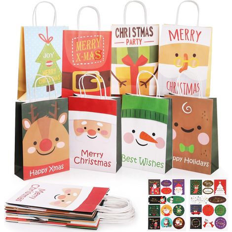 24 Pièces Sacs en Papier de Noël, Sacs Cadeaux avec Poignées, Sacs de Cadeaux de Fête, Petits Sacs Cadeaux en Vrac,Sachet Bonbons Emballage pour les fêtes de Noël - 25 x 17 x 7 cm