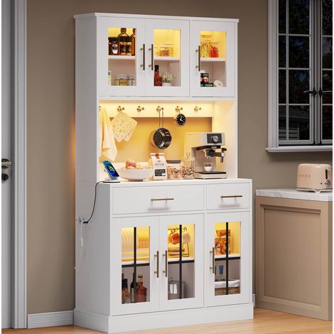 Anrichte MDF Weiß 180 x 100 cm mit 6 Türen, 2 Schubladen, ESG-Glas, verstellbaren Böden und App-gesteuerter LED (1/5)