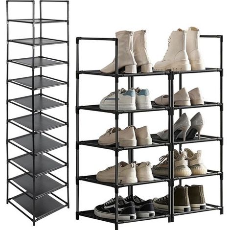 Étagère à chaussures réglable, 10 niveaux, noire, rangement modulable pour 10 paires, organisateur d'entrée compact (1/5)