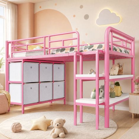 Kinderhochbett 90x200 aus Metall mit Stauraum, breiter Leiter und Regalen rosa OKWISH (1/5)
