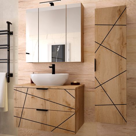 Petits-Meubles – Ensemble meuble simple vasque 80 cm – Colonne Teren Bois – Panneaux MDF 18 mm – Vasque céramique moderne – Installation murale incluse (1/5)
