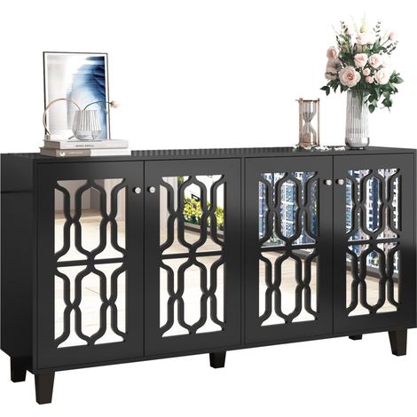 Buffet Moderne Miroir Noir 160cm - Poignée Cristal Froid - 4 Portes - Salon Style Moderne (1/5)
