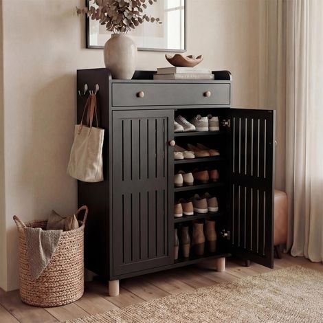 Wooden Shoe Cabinet with Drawer & 2 Doors, 5-Tier Adjustable Shelves Shoe Rack for Hallway Entryway Living Room