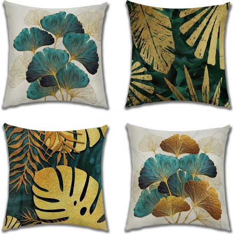 Housse de Coussin Plantes Motif Taie d'oreiller Imperméable Lot de 4 Housses Coussin 40x40 cm Carrées en Feuilles Vertes et Dorées Housse Coussins de Canapé en Lin pour Taies d'oreiller de Sal (1/5)