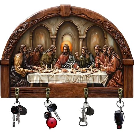 Porte-Clés En Bois - Support Murale Avec 4 Crochets - Thème Religieux Jésus - Pour Entrée Hall Porte D'Entrée - 31 X 24 X 0,6 Cm - 1 Pièce (1/5)