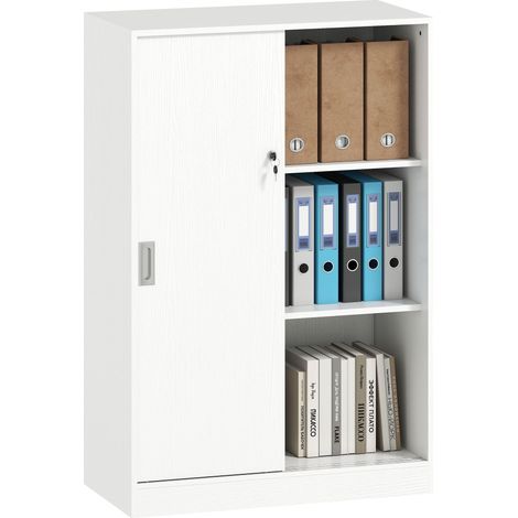 Mobile-scrivania con 2 ante scorrevoli con serratura, dimensioni: 80 cm di lunghezza x 40 cm di larghezza x 120 cm di altezza, 2 ripiani, legno bianco