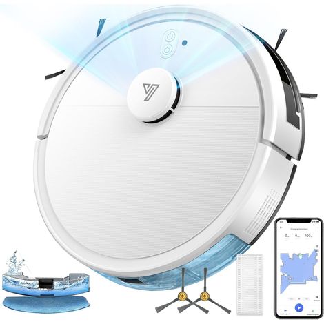 2 en 1 Robot Aspirateur Cartographie Jusqu'à 5000 Pa Navigation LiDAR Automatique 120 Mins, Zone interdite, WiFi/App/Voix, Évitement Intelligent d'obstacles Idéal Pour les Poils d'animaux, Blanc (1/5)
