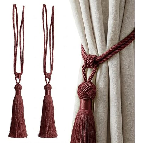 Lot de 2 embrasses de rideaux – 9 options de couleur – embrasses en corde tressée nouée faites à la main – Embrasses décoratives de style européen pour fenêtres de maison et bureau (bordeaux) (1/5)