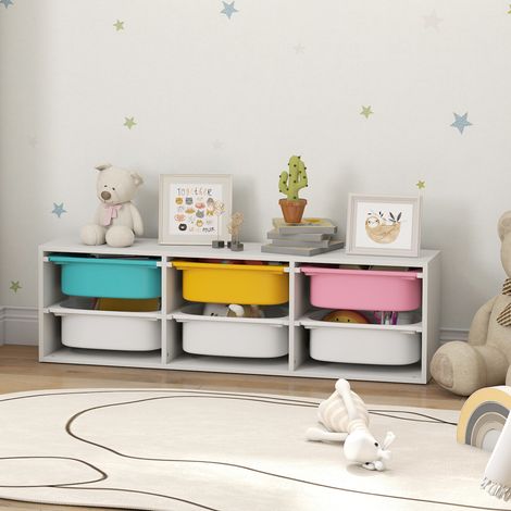 Mobile contenitore per bambini a due ripiani, scaffale porta giocattoli con 6 contenitori rimovibili, 97x21x29 cm, bianco