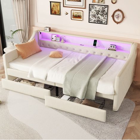 Cama de día 90/200 cm beige de lino y MDF con LED, USB y 2 cajones (1/5)
