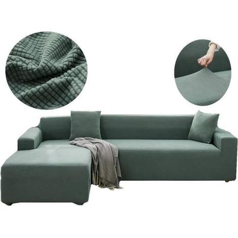 Housse extensible verte pour canapé d'angle YSTP, pour canapé 3 places ou canapé d'angle en L, 190-230 cm (1/4)