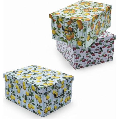 3er Set Aufbewahrungsbox mit Deckel 51 x 37 cm - Früchte - Stapelbox aus Pappe mit Griffen 45 Liter - Organizer Storage Box