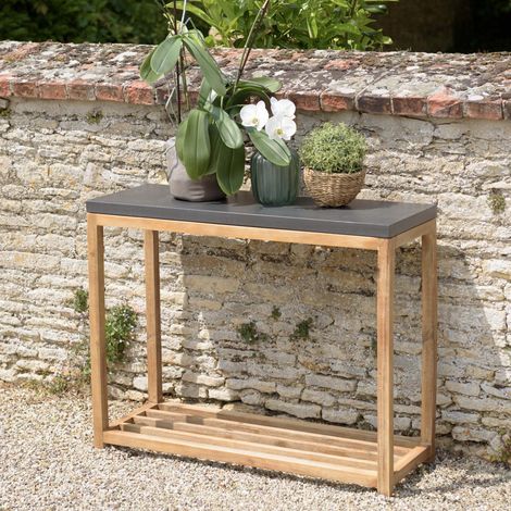 HECTOR - Console rect. double plateau effet béton foncé et bois acacia (1/5)