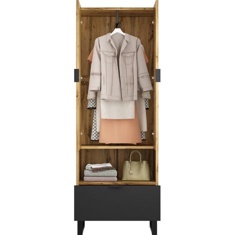 Armario zapatero con barra colgante, 3 estantes, 2 regulables, cajón inferior y hueco abierto, ideal para entrada o dormitorio, tablero de partículas CHICFURN (1/5)