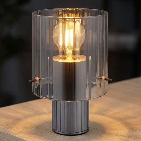 LED Tischleuchte Rauchglas Beistellleuchte Metall grau Wohnzimmer Tischlampe, Kabelschalter, 1x 7W 630lm warmweiß, DxH 14x22 cm