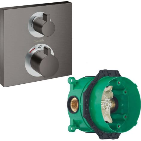 HANSGROHE Facade thermostatique encastré Ecostat Square avec robinet d'arrêt et inverseur noir chromé brossé + corps encastré (1/5)
