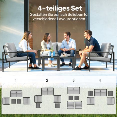 Lot jardin 4 personnes, mobilier balcon imperméable incluant canapé 2 places, fauteuil, coussins assise et table basse, gris clair (1/4)
