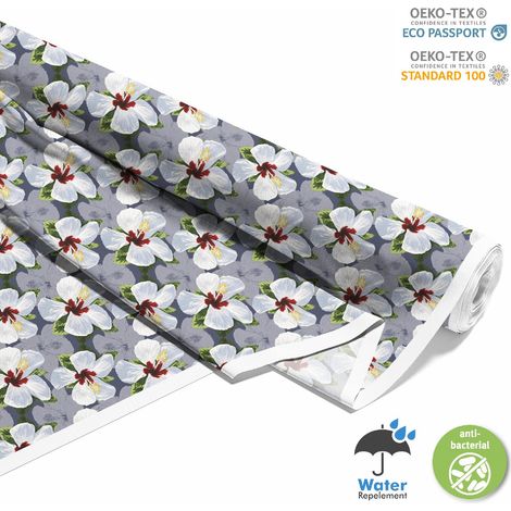 TESSUTI DECORATIVI PER ESTERNI OXFORD - Motivo fiori di ibisco bianchi (1/5)