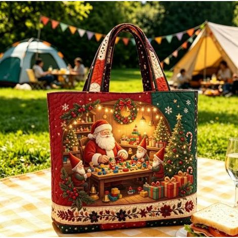 New Retro Santa Claus Print Tote Bag - Reusable Holiday Shopping Bag - F -