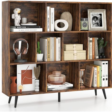 COSTWAY 10-Cube Bookcase Mid Century Modern Storage Organizer-Brown (1/5)