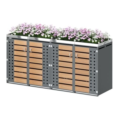 Mülltonnenbox , horizontale Holzmaserungspaneele, trash storage compartments,Abschließbar, Vier Türen,Pflanzfläche,Diamantförmiges Hohltürpaneel